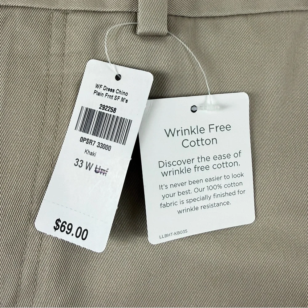 LL Bean Wrinkle Free Dress Chino Pants Mens 33 x 27.75 Khaki Beige 292258 NWT